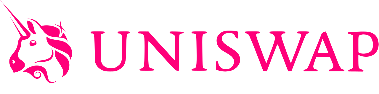 A stylized unicorn logo accompanied by the word 'UNISWAP' in bold pink letters.